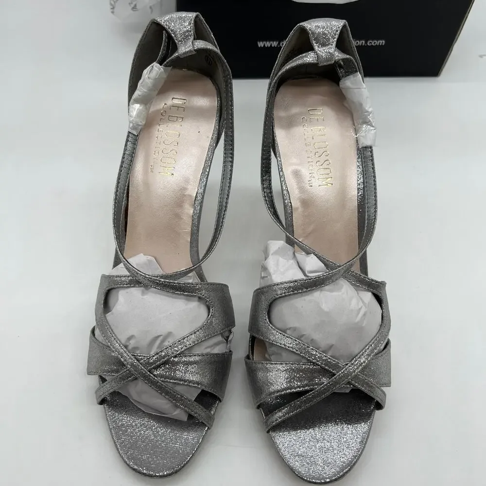 De Blossom Collection Ankle Strap Heeles Women's Size 8.5 Shoes Silver Shimmer